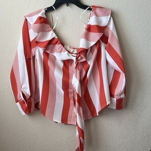 Off the shoulder, orange and white ruffle blouse